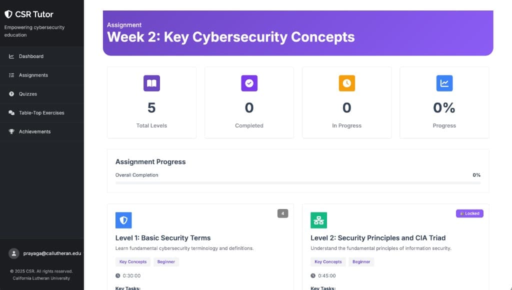 CSR Tutor dashboard showing assignment progress and course levels