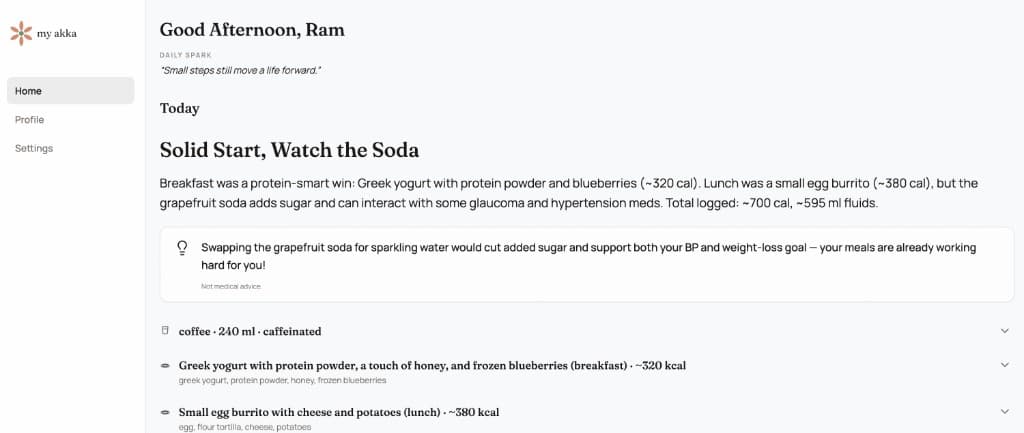 My Akka App home screen with daily summary and nutrition insights